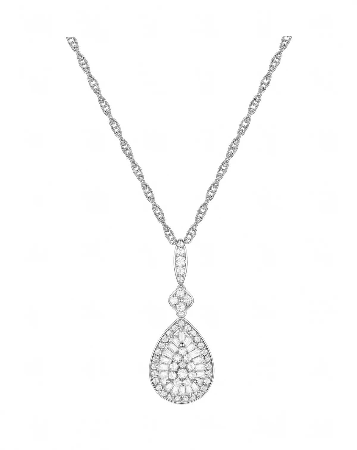 Diamond Round & Baguette Teardrop Cluster 18" Pendant Necklace (1/2 ct. t.w.)