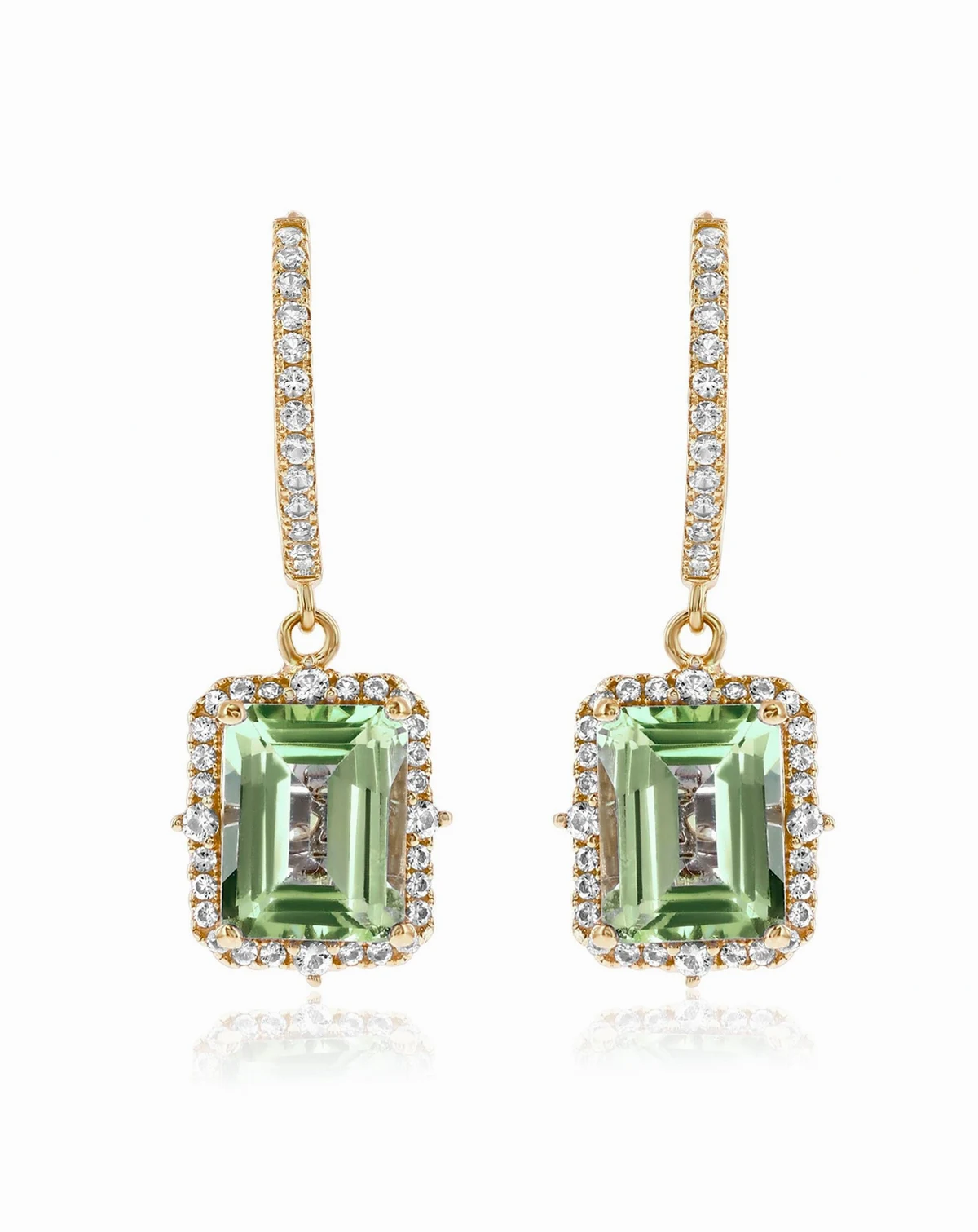 Suzy Levian Sterling Silver Emerald Cut Gemstone Halo Dangling Earrings