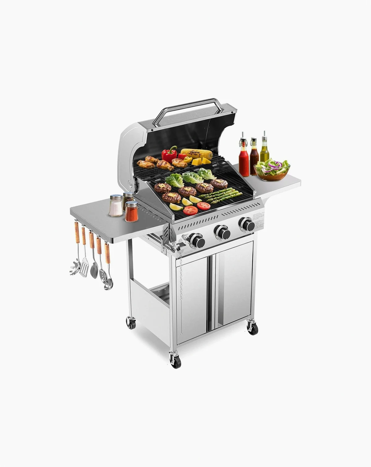 Food Grade Stainless Steel 3-Burner Propane Gas Grill, 24000BTU