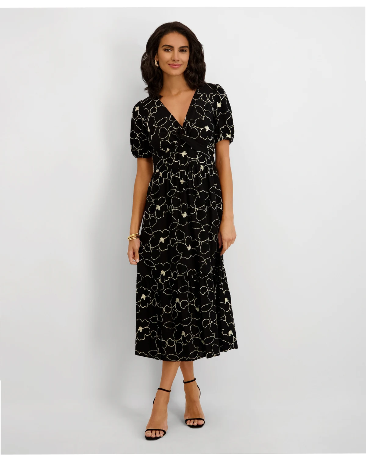 Women's Embroidered Woven V-Neck Midi Dress