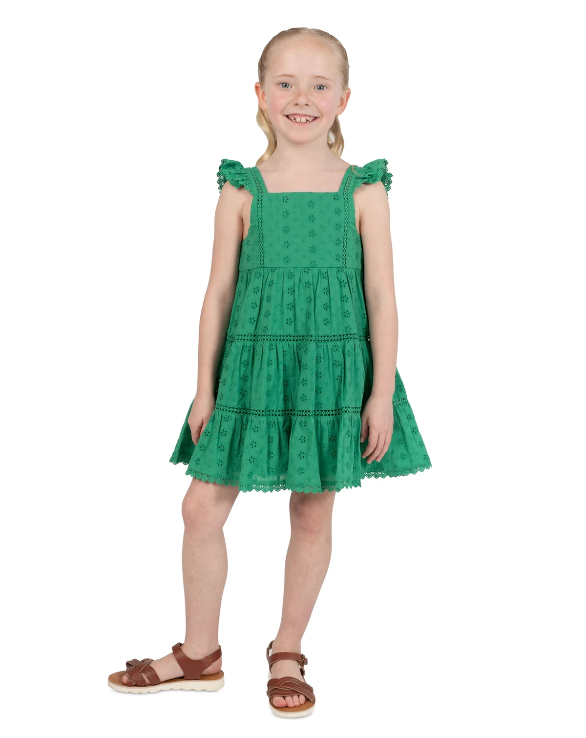 Girls' 2T-6X Eyelet Flutter-Sleeves Tiered Dress