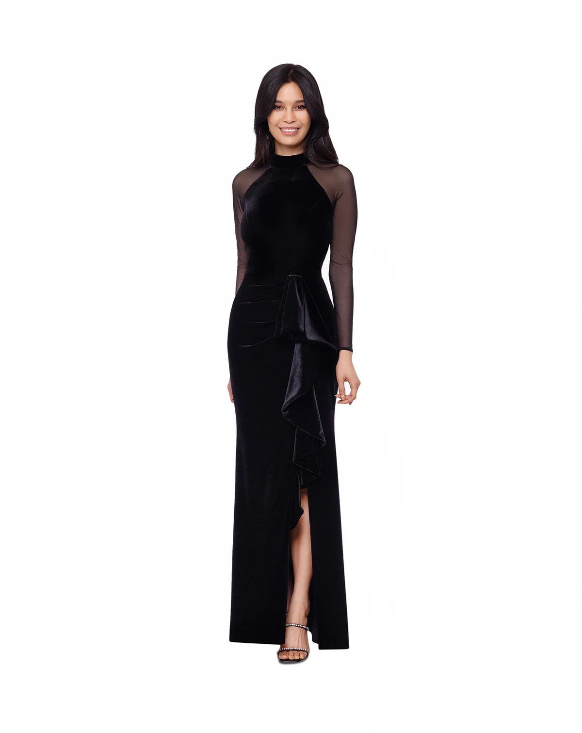 Petite Illusion-Sleeve Velvet Gown