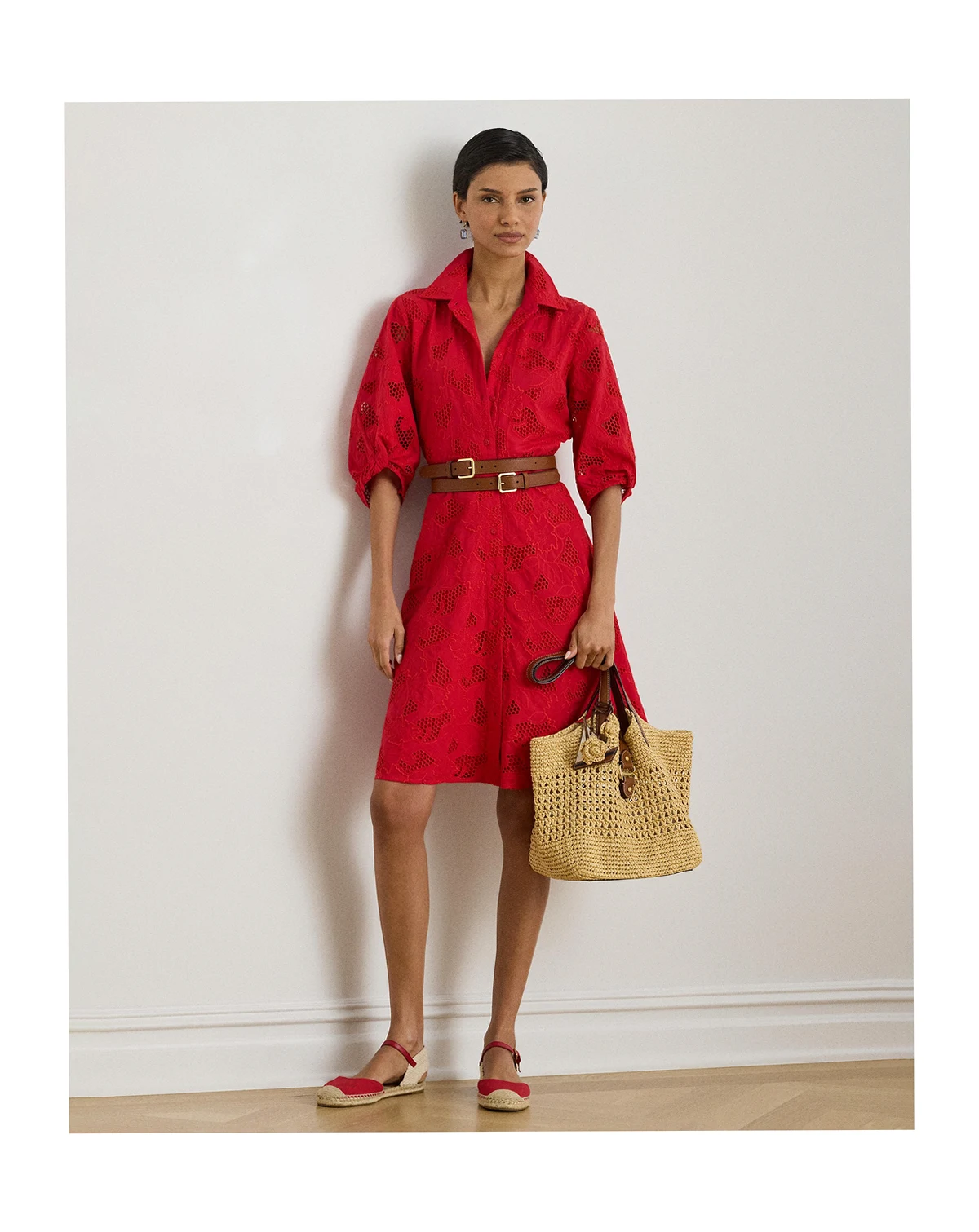 Women's Eyelet Voile Balloon-Sleeve Collared Shirt Dress