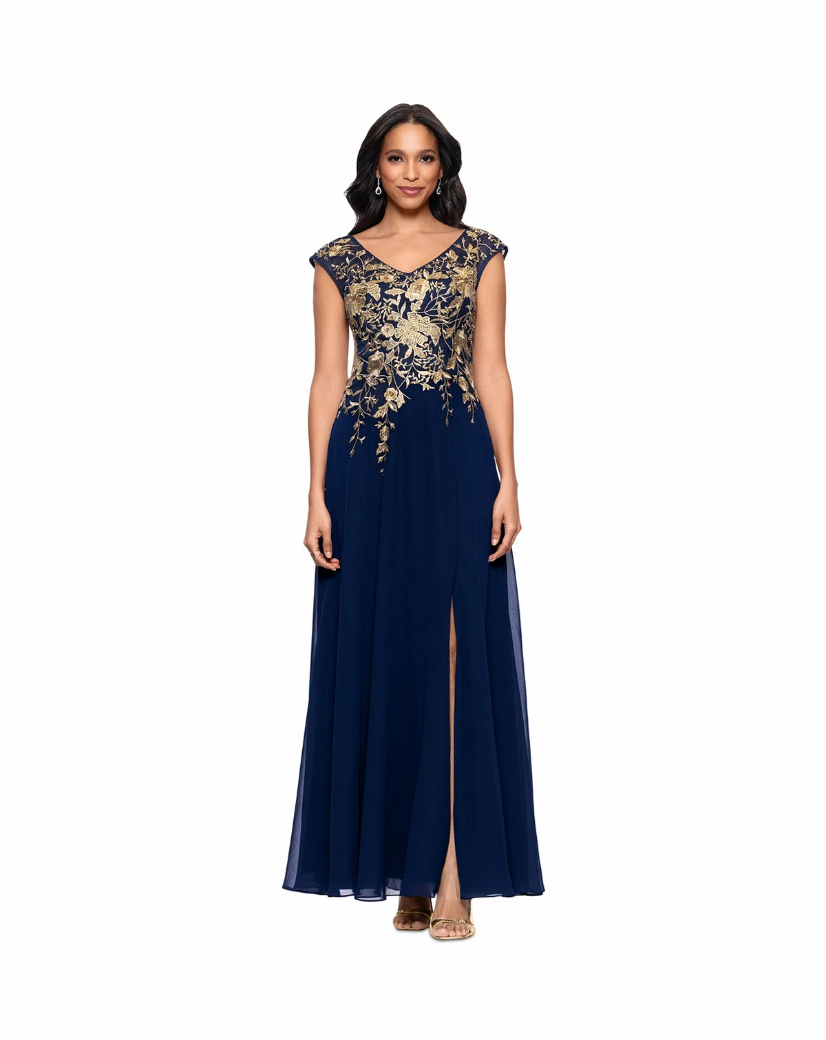 Women's Embroidered V-Neck Front-Slit Gown