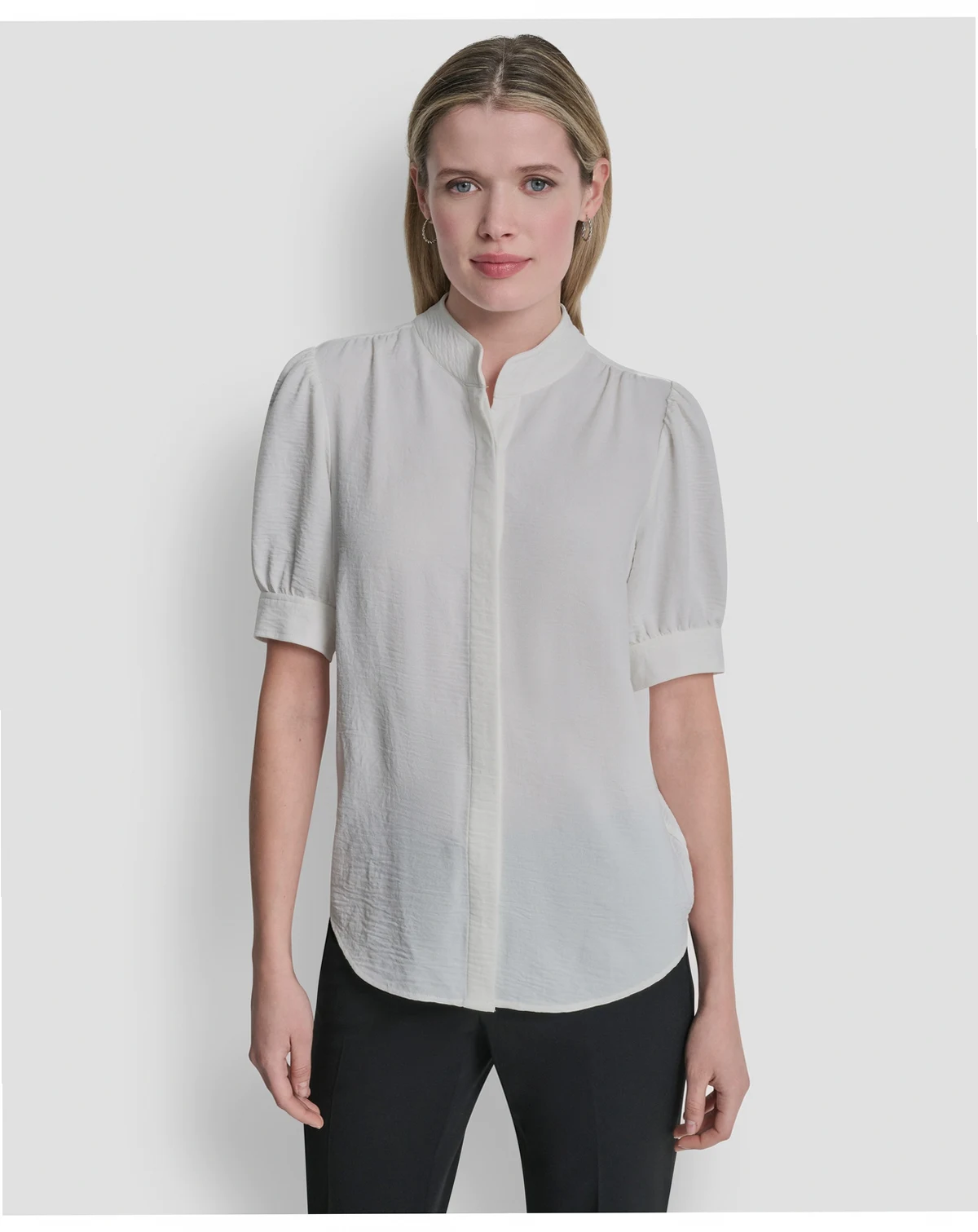 Women's Bell-sleeve Mandarin Collar Textured Blouse