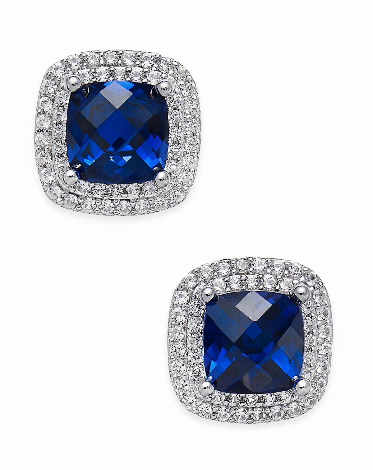 Lab-Grown Sapphire (2-1/6 ct. t.w.) and White Sapphire (1/3 ct. t.w.) Square Stud Earrings in Sterling Silver