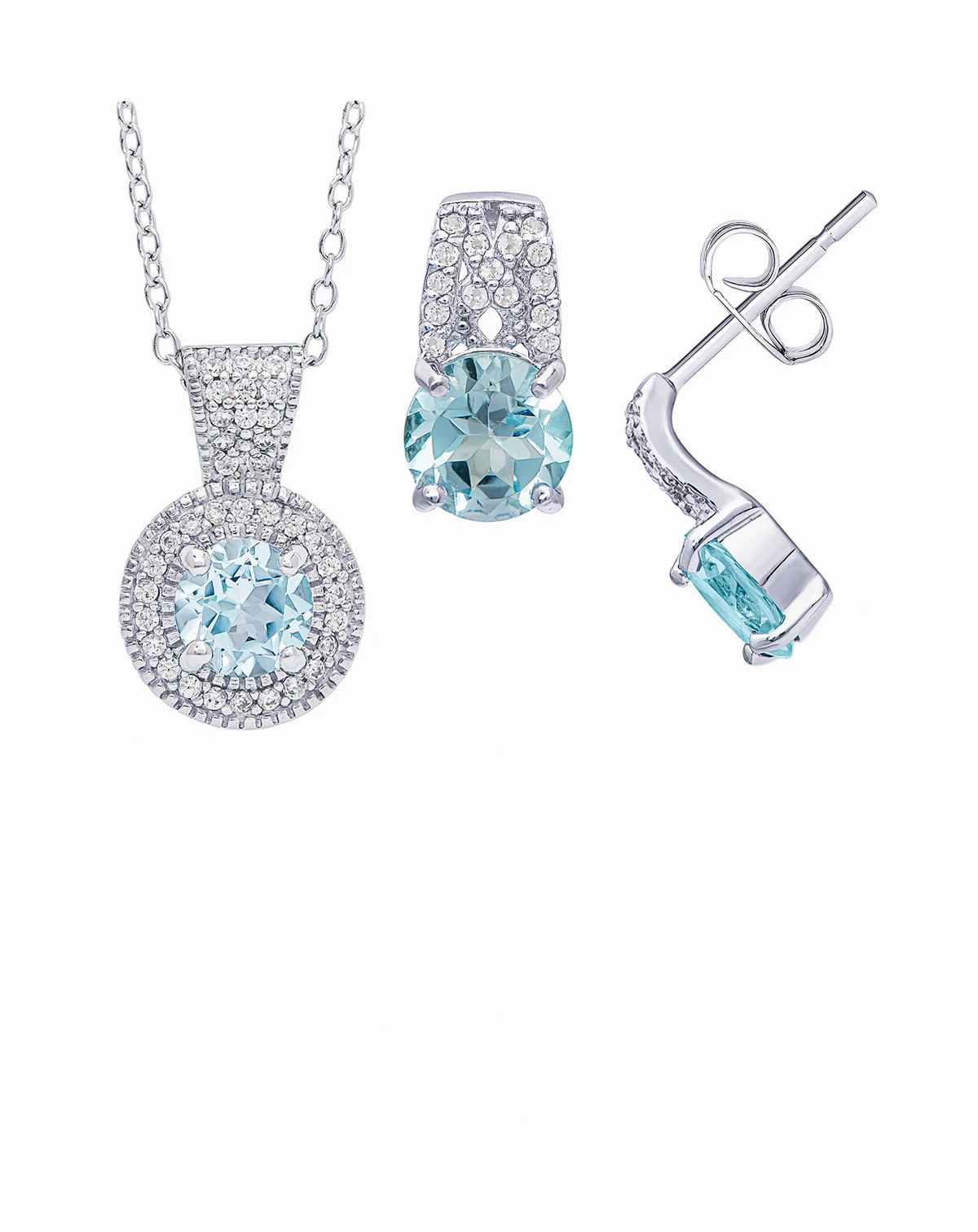 2-PIece Lab-Grown Aquamarine (1.50 ct. t.w.) & Lab-Grown White Sapphire (0.15 ct. t.w.) Halo Necklace and Earrings Set in Sterling Silver