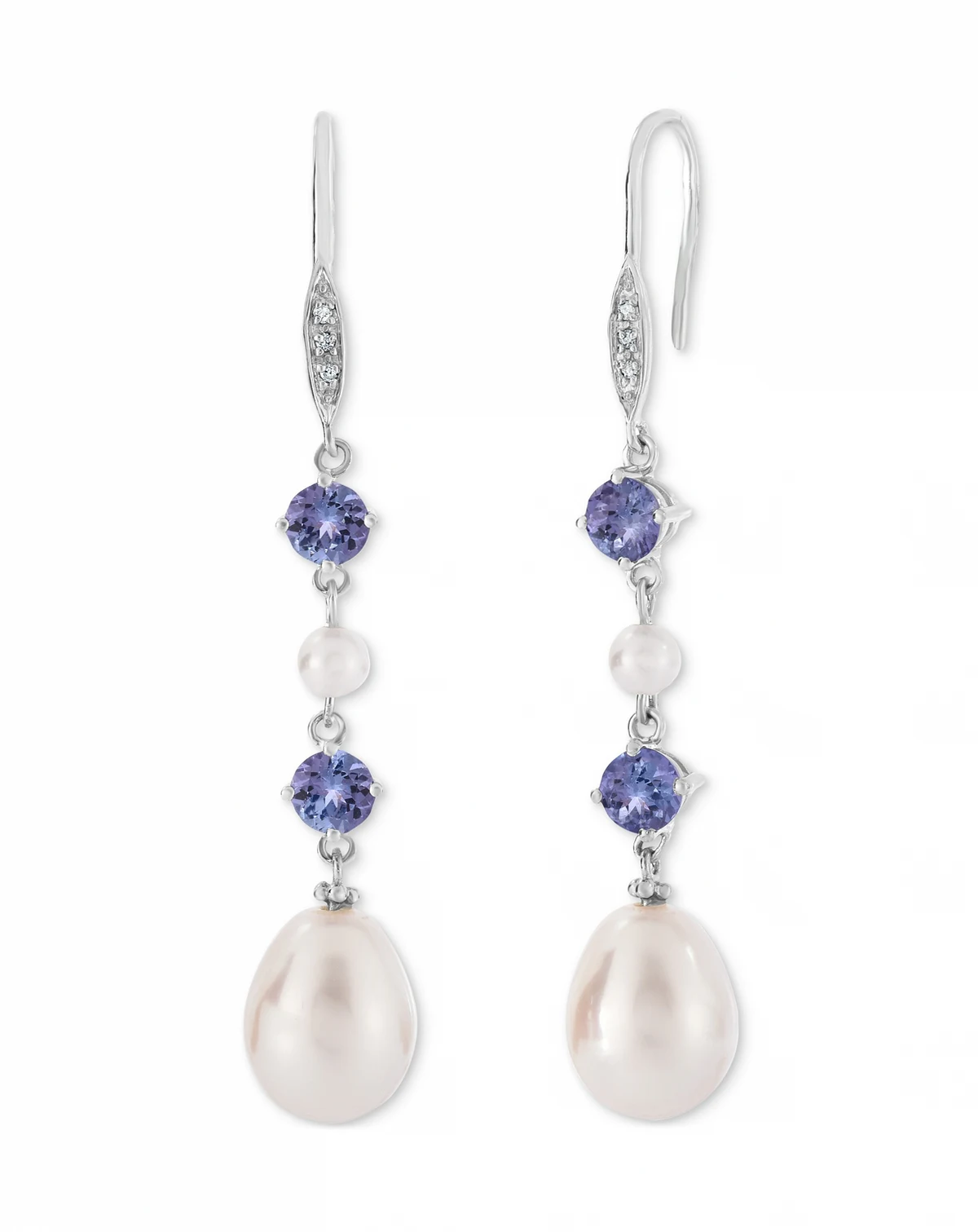 Tanzanite (1 ct. t.w.), Cultured Freshwater Pearl (3mm, 10x7mm) & Diamond Accent Linear Drop Earrings in Sterling Silver