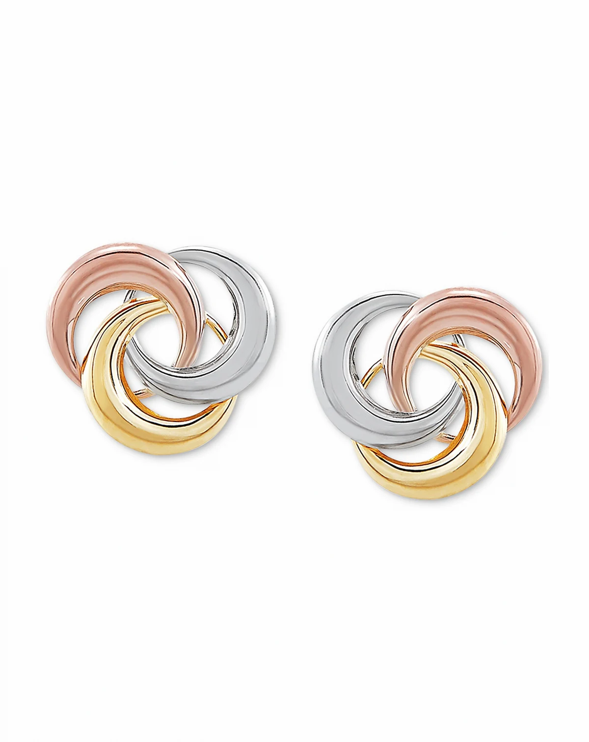 Tricolor Love Knot Stud Earrings in 10k Gold, White Gold & Rose Gold