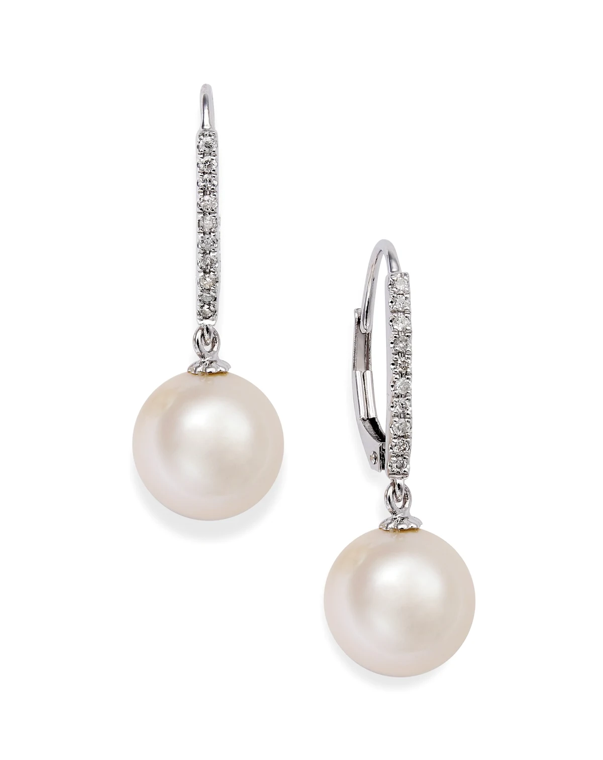 Cultured Freshwater Pearl (10mm) and Diamond (1/10 ct.t.w) Leverback Earrings in 14k White Gold (Also available in 14k yellow gold)