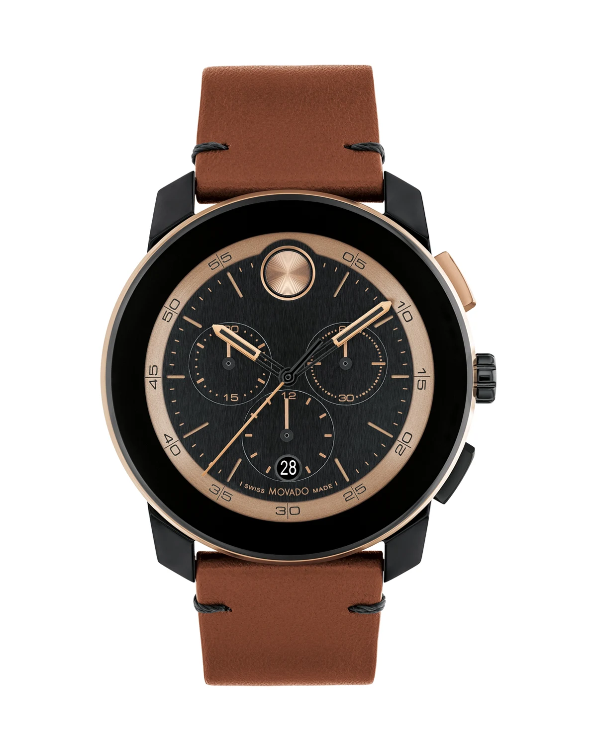 Men's Bold TR90 Swiss Quartz Chronograph Cognac Leather Watch 44mm