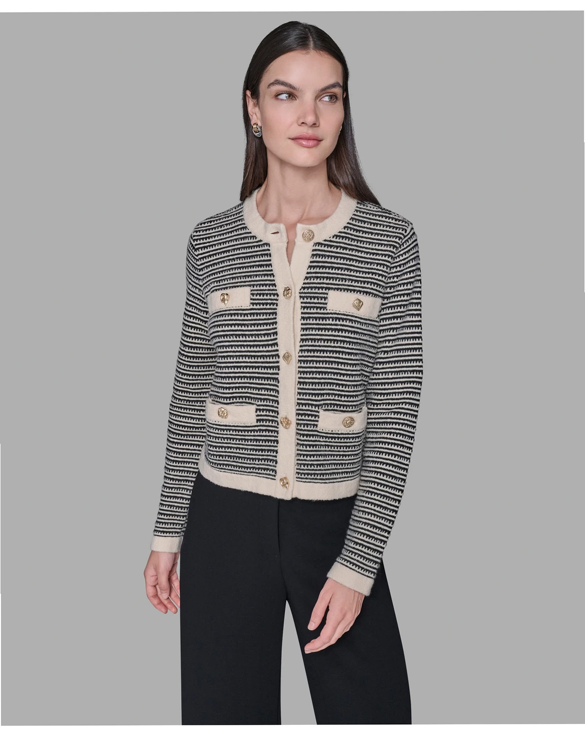 Women's Striped Crewneck Cardigan Sweater