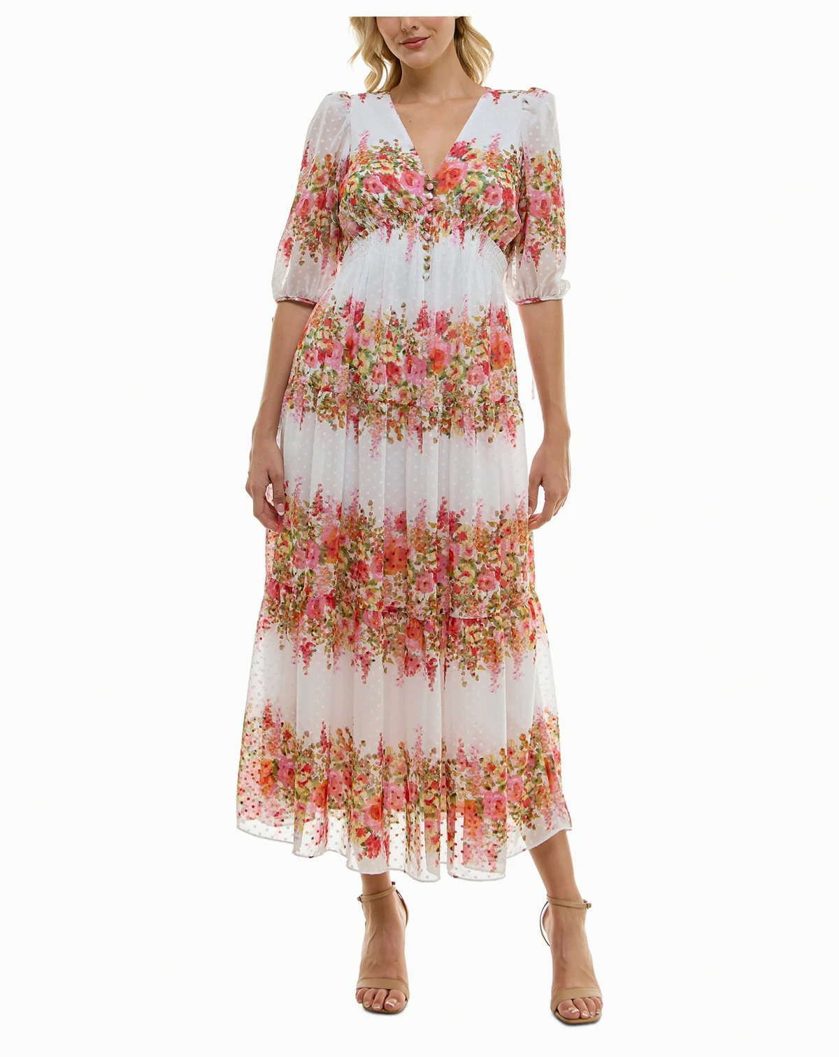 Women's Floral-Striped Swiss-Dot Chiffon Dress