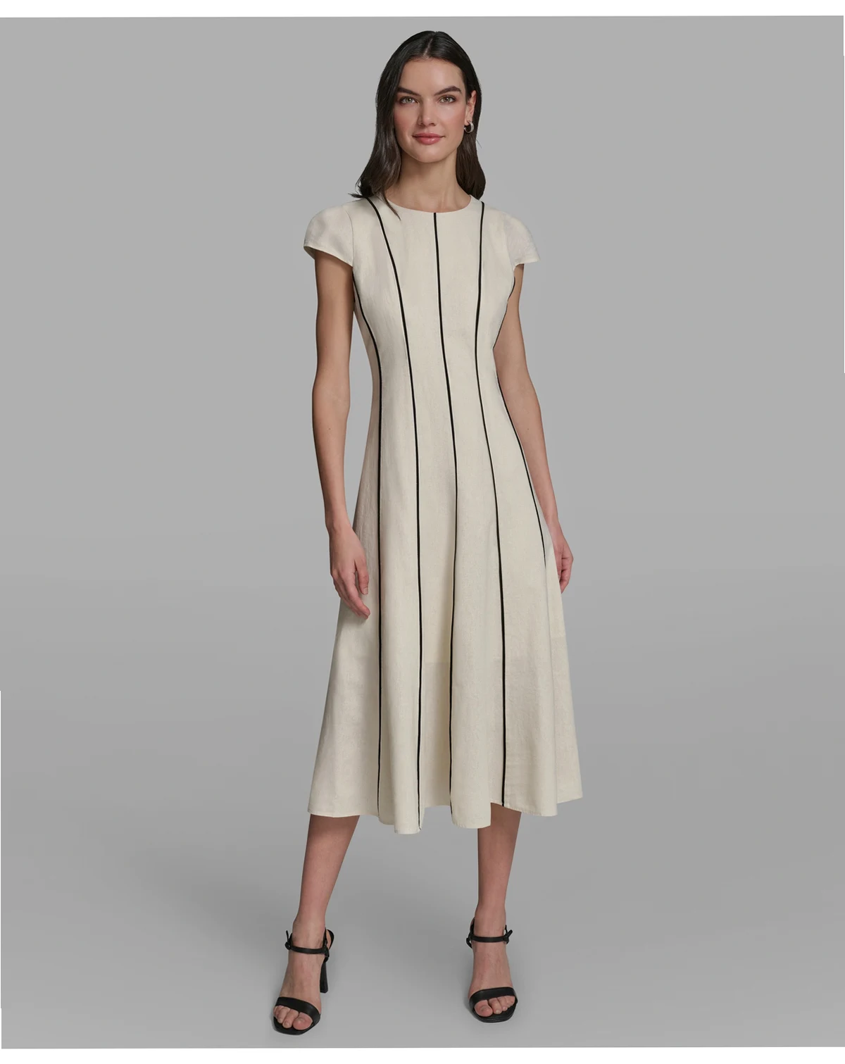 Women's Vertical Striped Piping Midi Dress