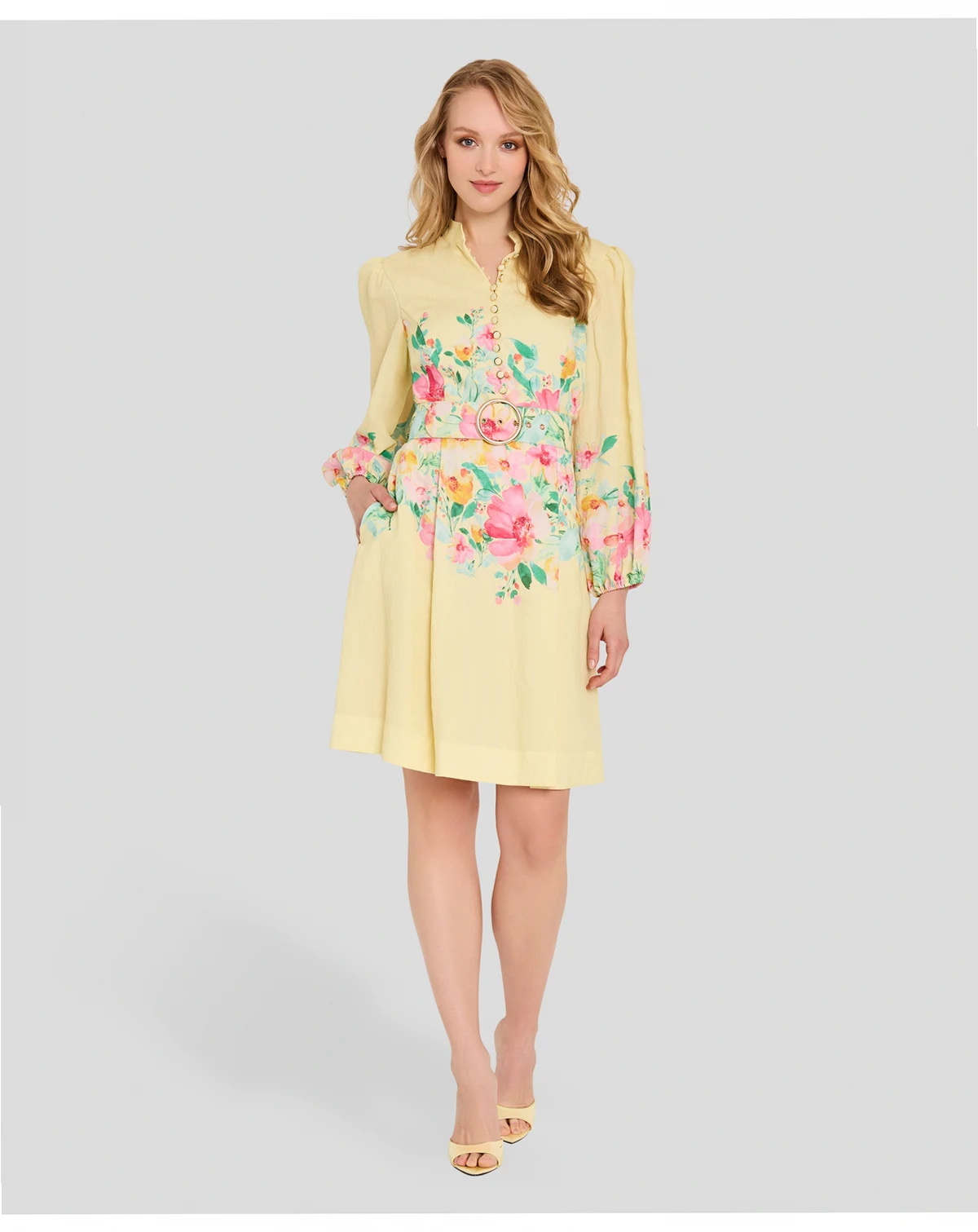 Petite Button-Front Placement Mock neck Print Dress