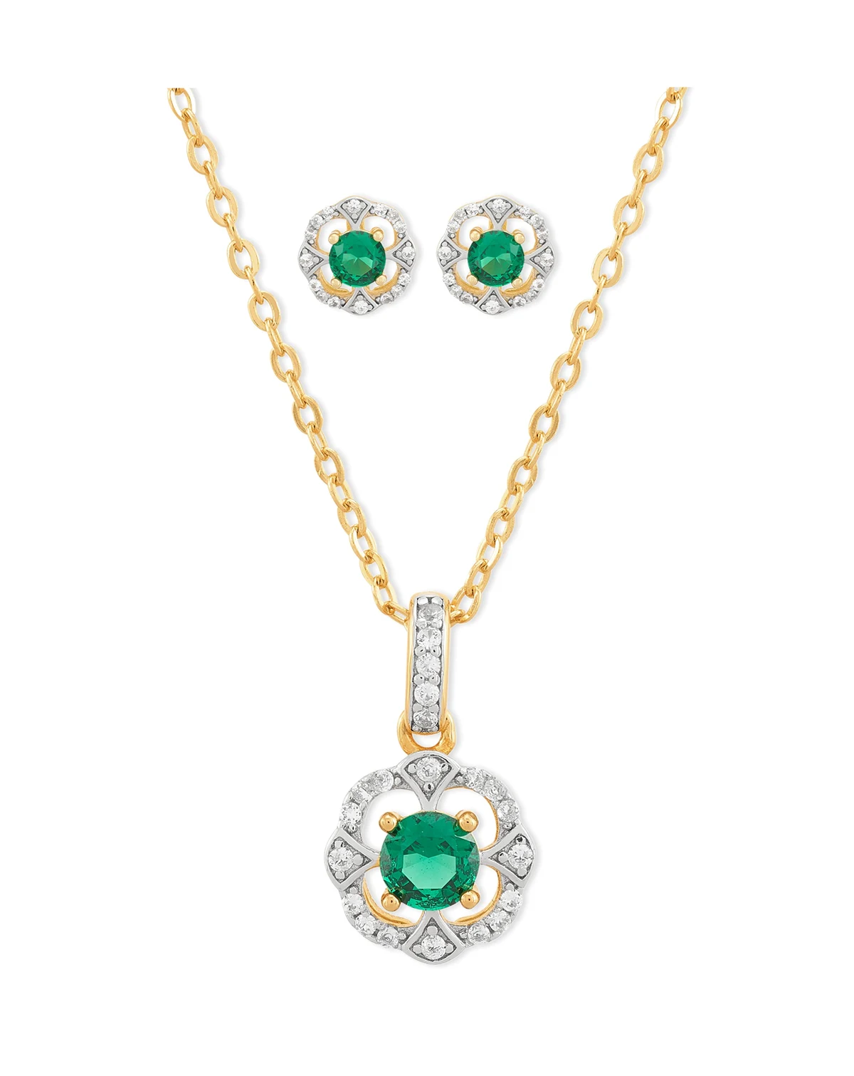 2-Pc. Set Lab Created Emerald (7/8 ct. t.w.) & Lab Created White Sapphire (1/3 ct. t.w.) Vintage Inspired Halo Pendant Necklace & Matching Stud Earrings in 14k Gold-Plated Sterling Silver