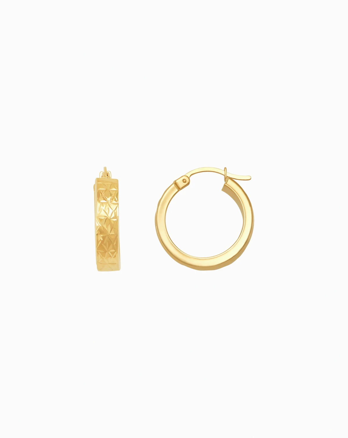 Polished and Diamond Cut Flat Round Hoop Earrings in 14K Yellow Gold, 20mm