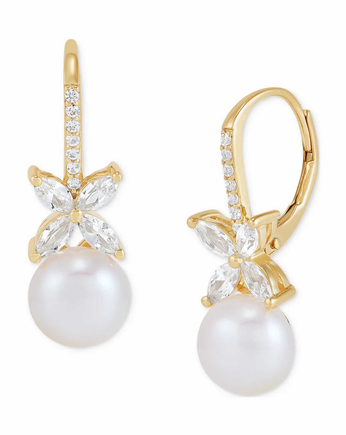 Cultured Freshwater Pearl (7mm) & Lab Grown White Sapphire (1 ct. t.w.) Leverback Drop Earrings in 14k Gold-Plated Sterling Silver