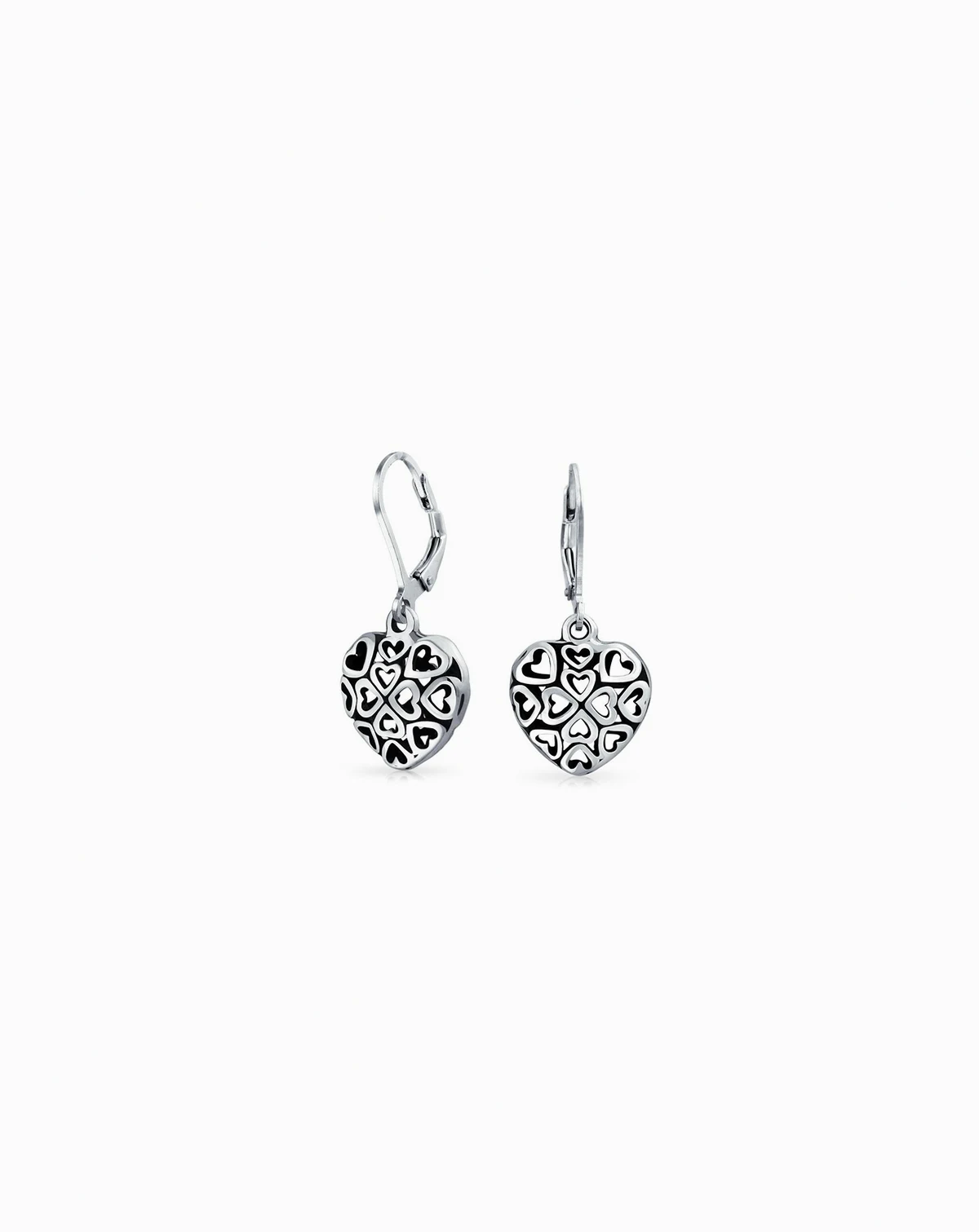 Open Clover Flower Filigree Puff Heart Dangle Earrings Oxidized Sterling Silver