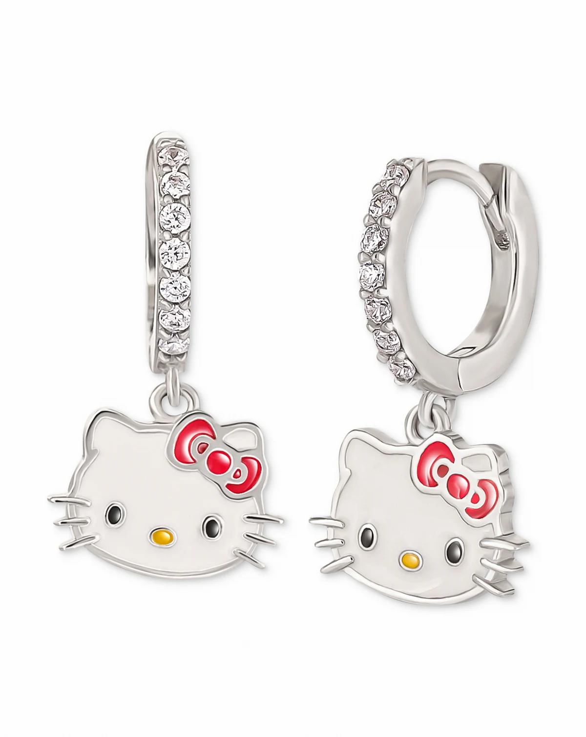 Cubic Zirconia & Enamel  Hello Kitty Dangle Hoop Drop Earrings in Sterling Silver