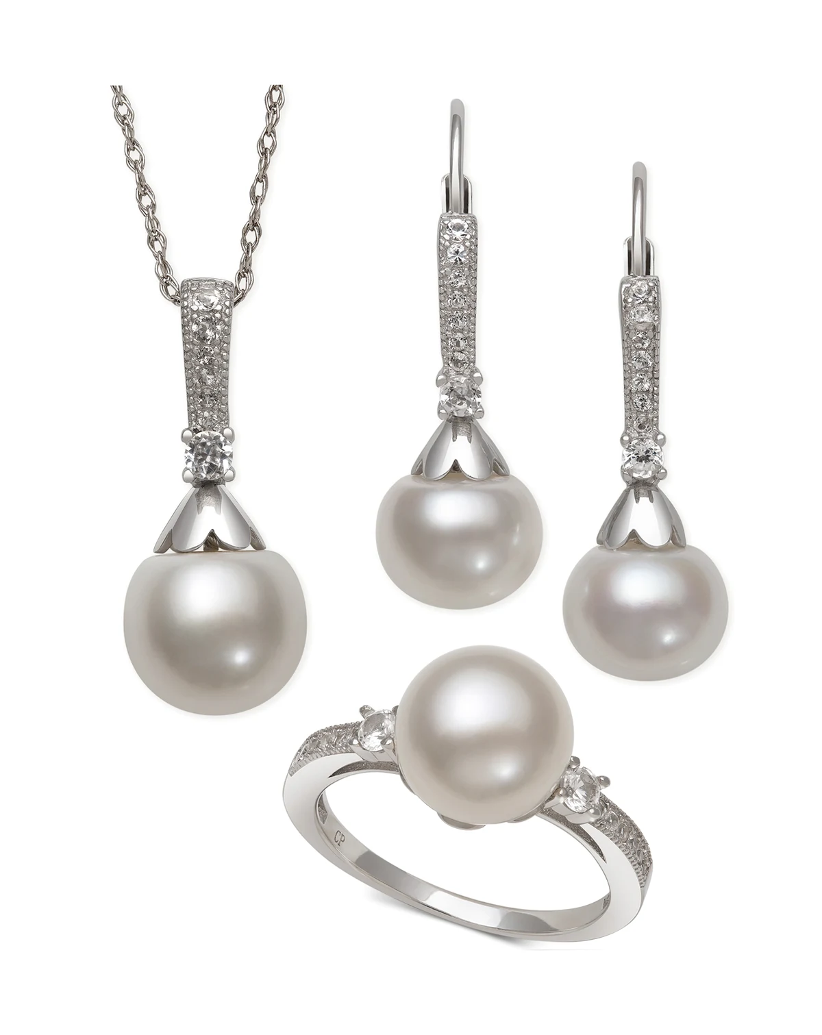 Cultured Freshwater Pearl (8-9mm) & White Topaz (1/2 ct. t.w.) Jewelry Set in Sterling Silver