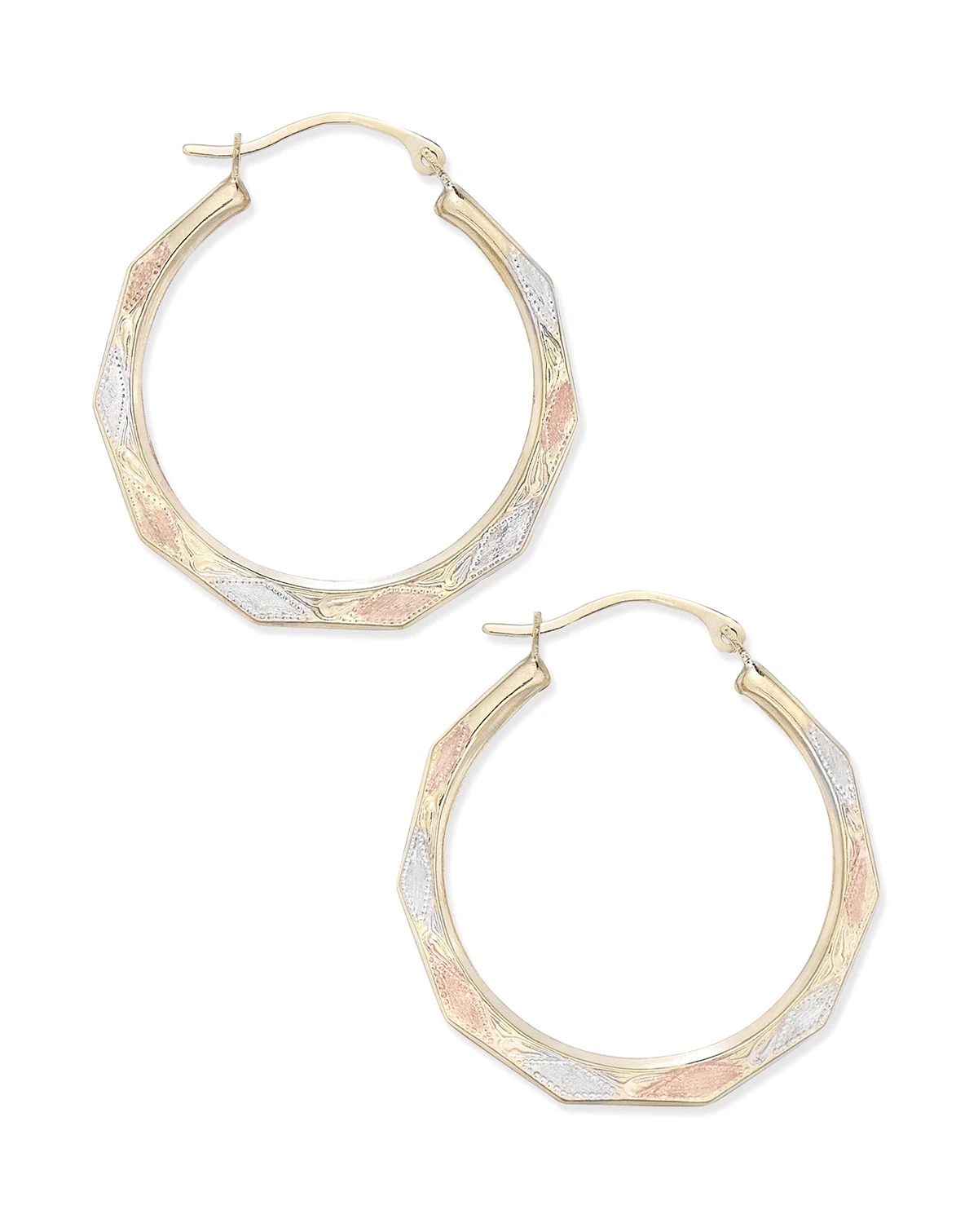 Tri-Color Decorative Hoop Earrings in 10k White, Yellow, and Rose Gold