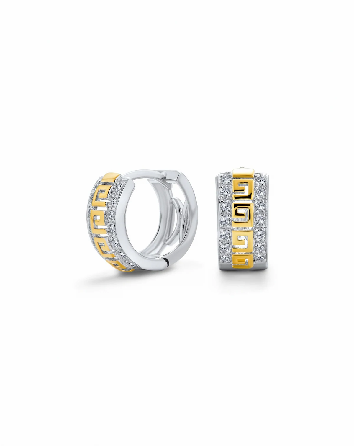 Two Tone Greek Key Cutout Huggies Hoop Earrings CZ Gold Plated Sterling Silver
