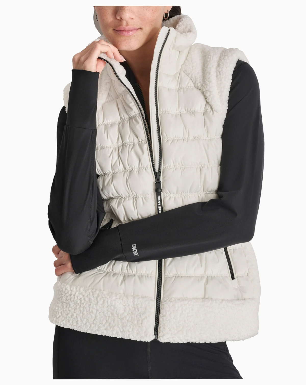Women's Horizontal Channel Quilted Mock Neck Puffer Vest with Sherpa