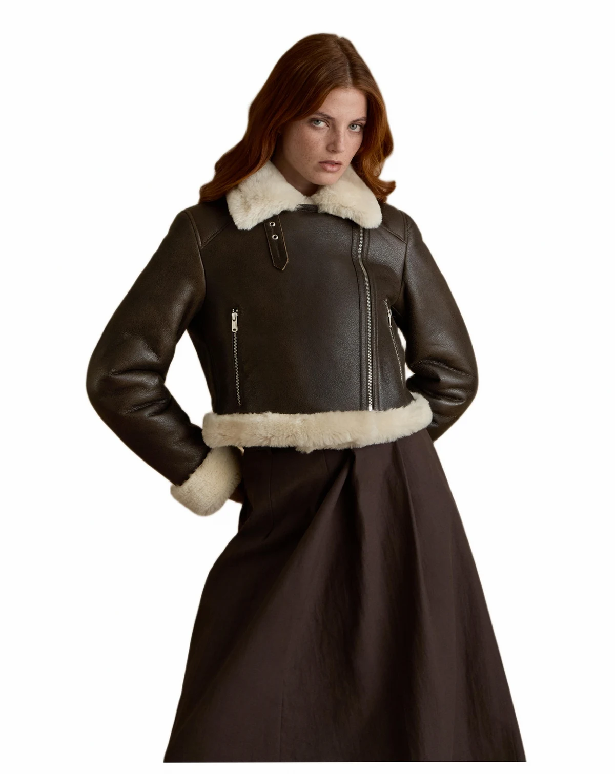 Women's Cropped Aviator Style Shearling Jacket with Contrast Trim
