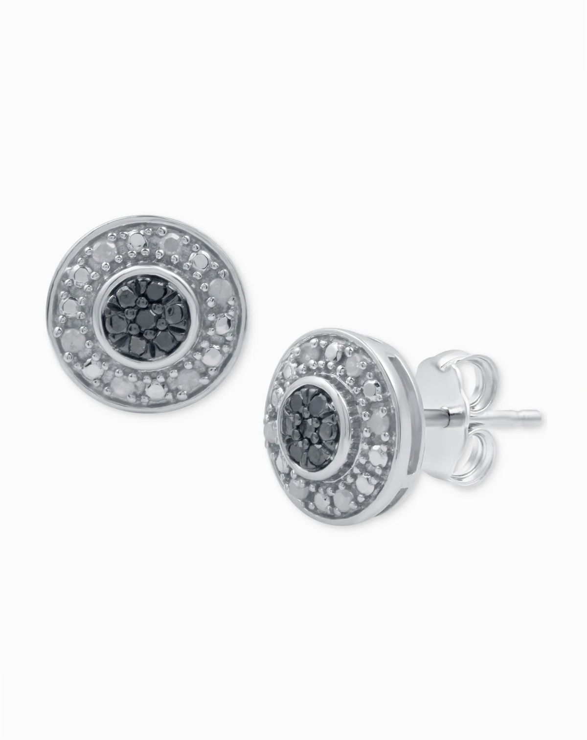 Black Diamond (1/20 ct. t.w.) & White Diamond (1/10 ct. t.w.) Halo Cluster Stud Earrings in Sterling Silver