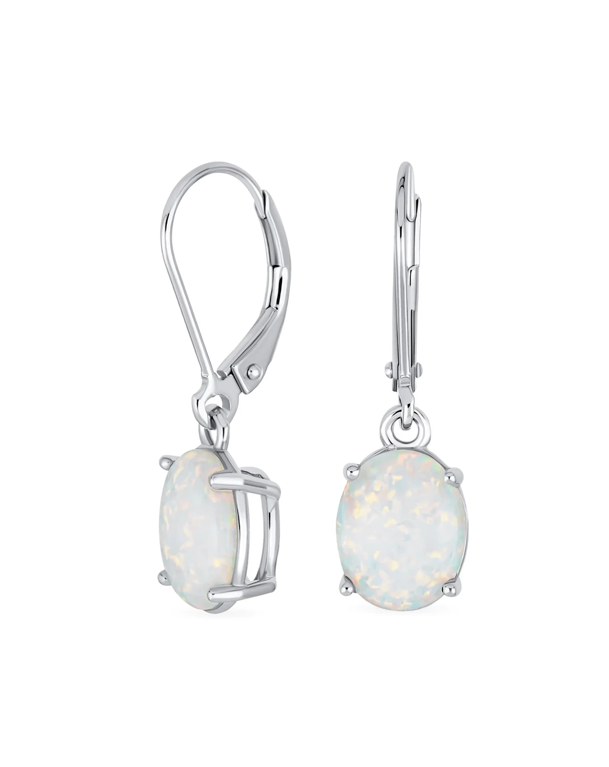 Classic Created Opal Oval Solitaire Dangle Lever back Earrings .925 Sterling