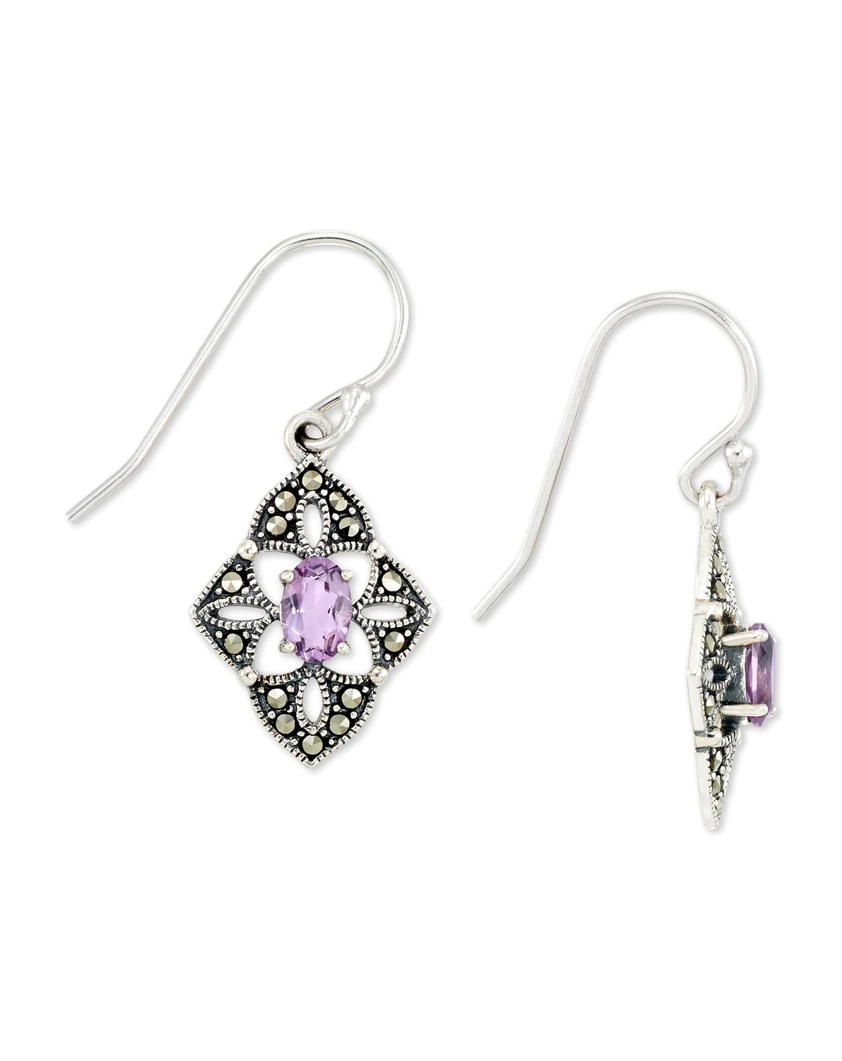 Amethyst (1/2 ct. t.w.) &  Marcasite Flower Drop Earrings in Sterling Silver
