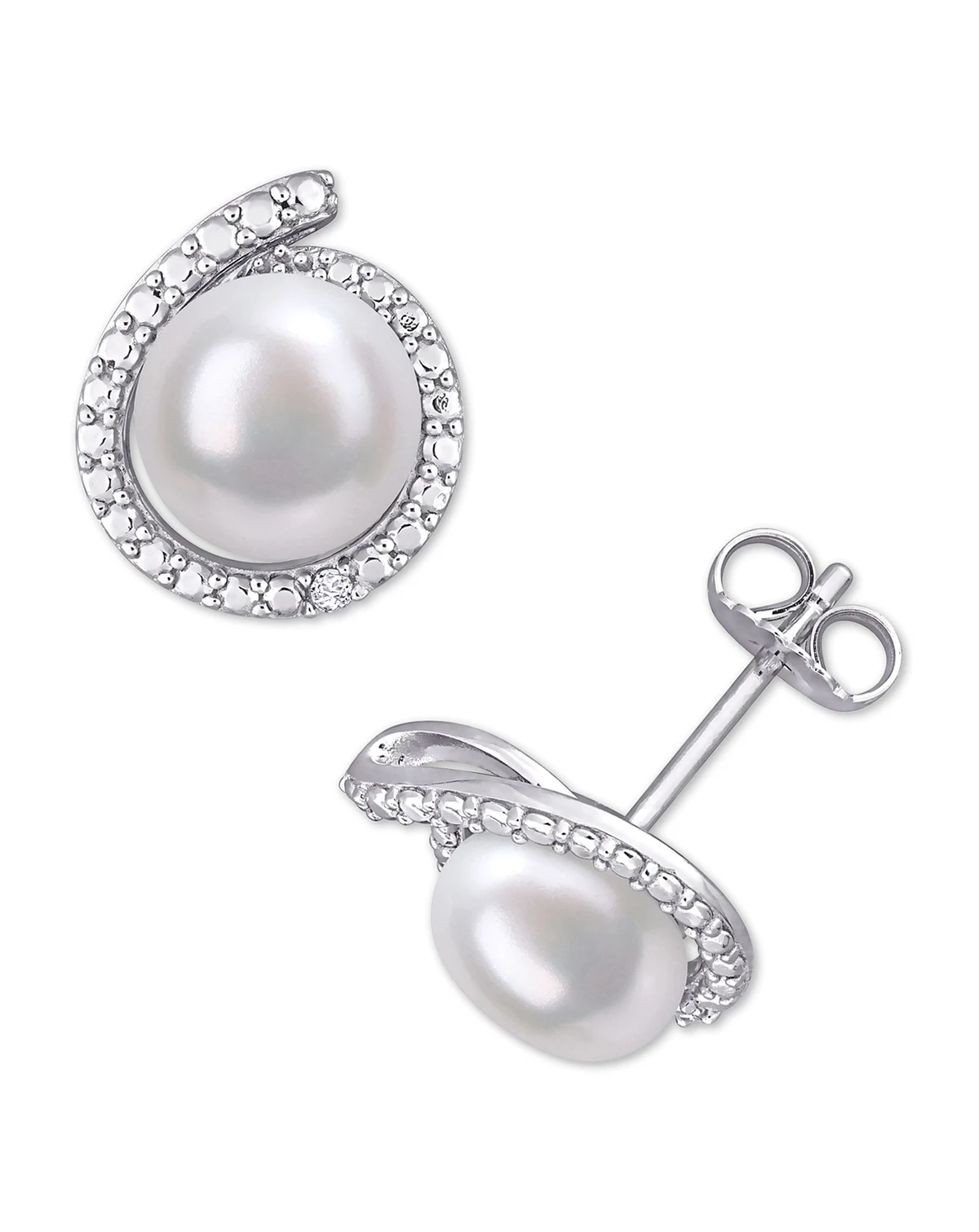 Cultured Freshwater Pearl (8mm) & Diamond Accent Stud Earrings in Sterling Silver