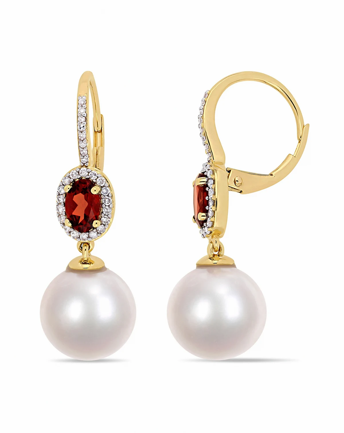 Freshwater Cultured Pearl (11-12mm), Garnet (1 1/10 ct. t.w.) and Diamond (1/4 ct. t.w.) Oval Drop Earrings in 10k Yellow Gold