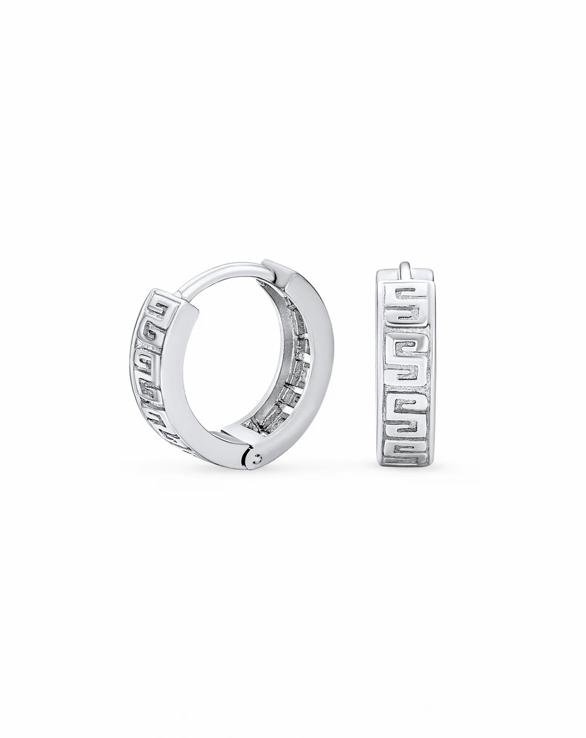 Cutout Greek Key Design Huggies Mioni Hoop Earrings Sterling Silver Hinged
