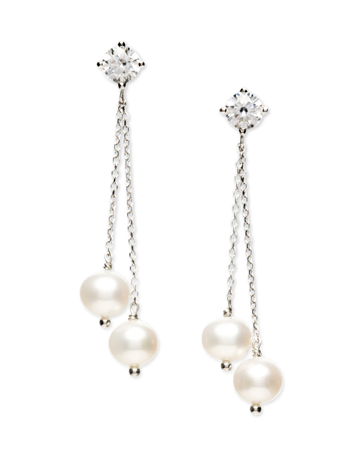 Cultured Freshwater Pearl (6-6-1/2mm) & Cubic Zirconia Double Chain Drop Earrings in Sterling Silver (Also in 18kt Gold over Sterling Silver)