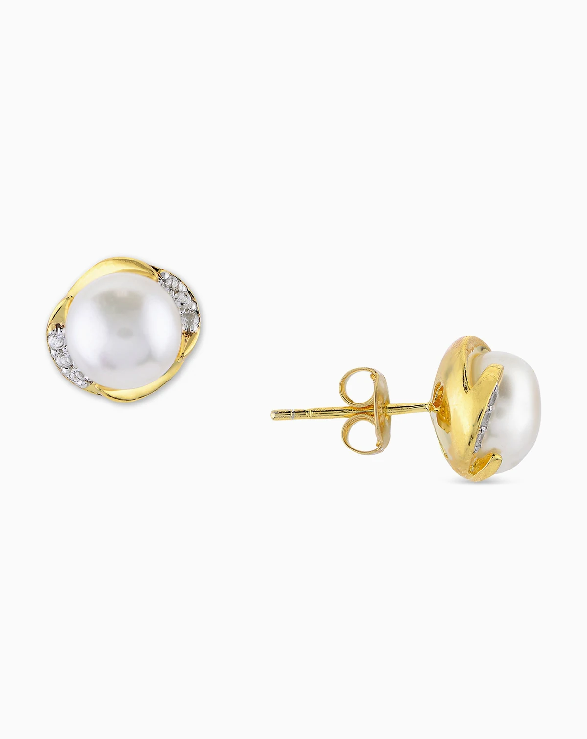Cultured Freshwater Pearl (7mm) & White Topaz (1/6 ct. t.w.) Stud Earrings in 14k Gold-Plated Sterling Silver