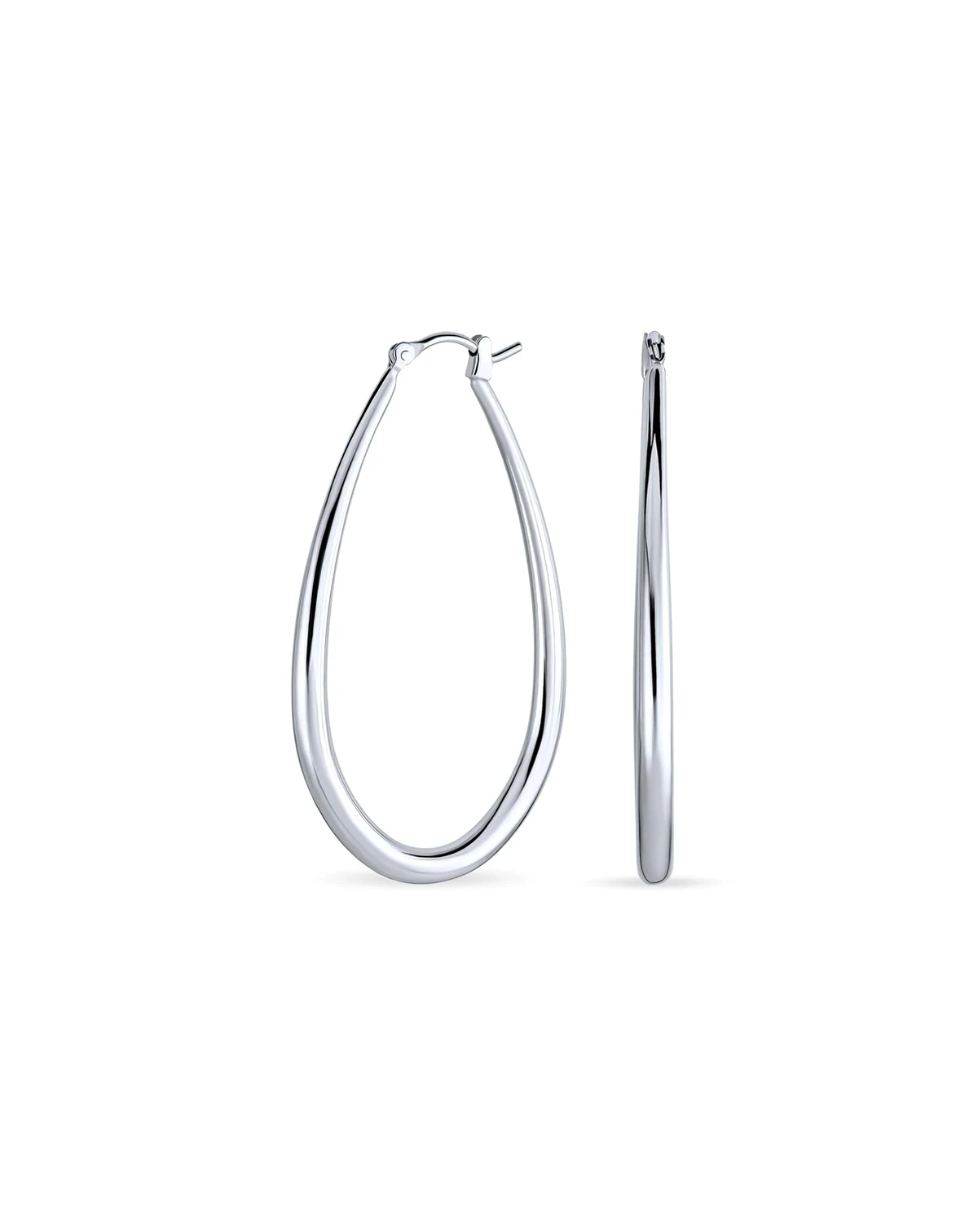 Large Oval Tube Hoop Earrings 2 Inch .925 Sterling Silver Snap Hinged Post