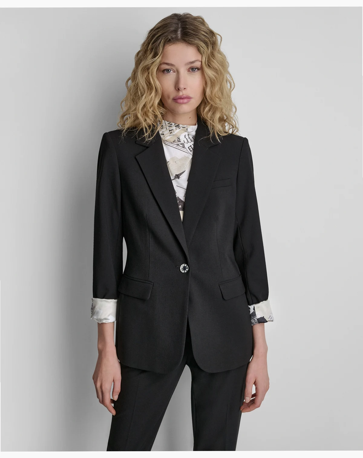 Women's Newspaper-Print One-Button Blazer