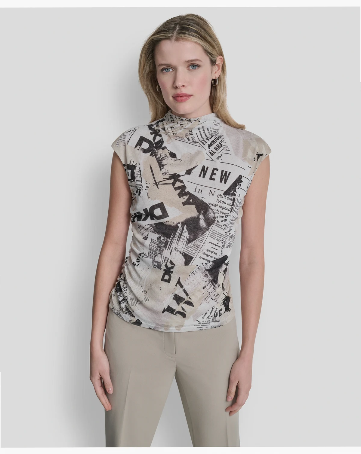 Women's Newspaper-Print Mock Neck Knit Mesh Top