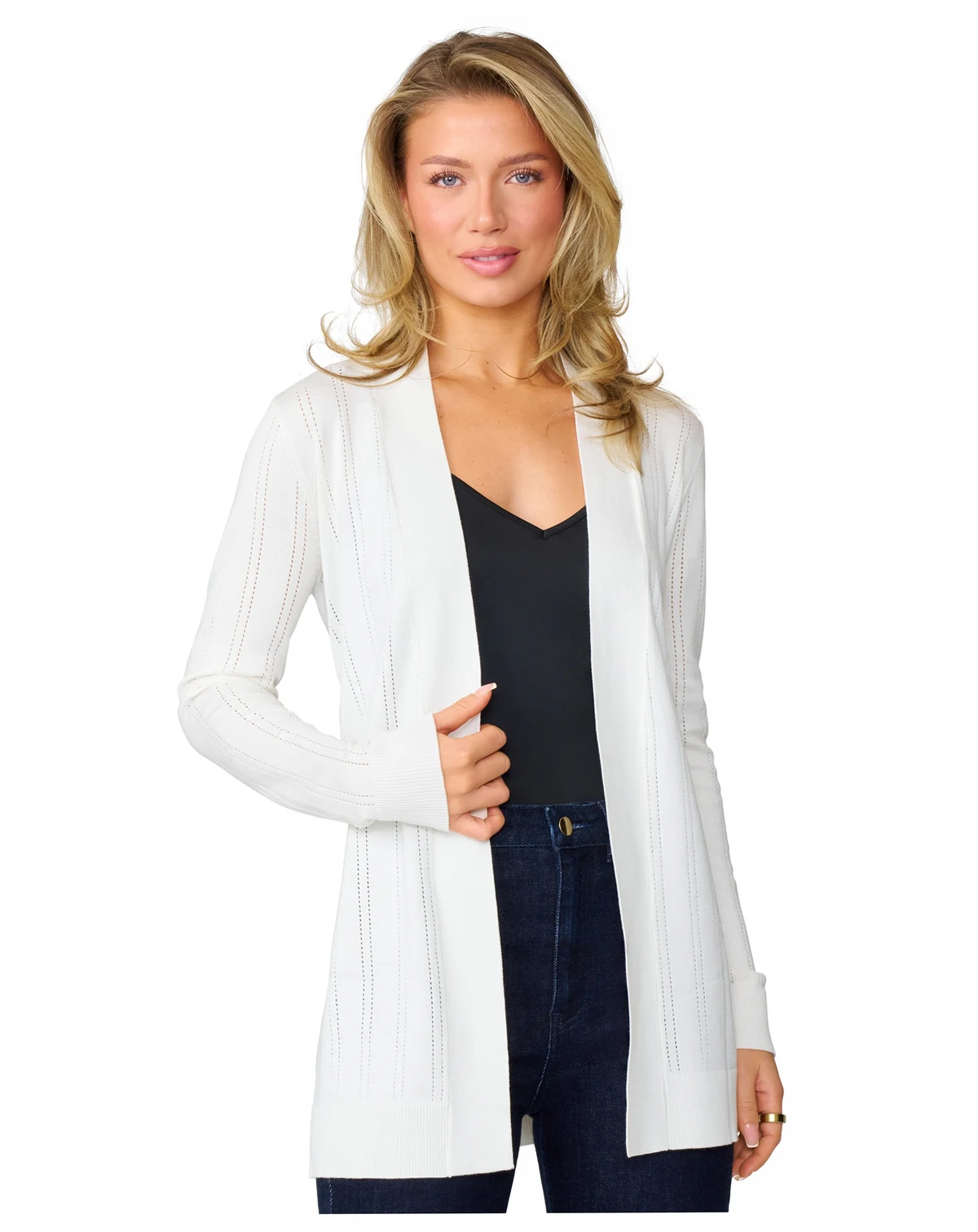 Women's Pointelle Open-Front Long Cardigan Sweater