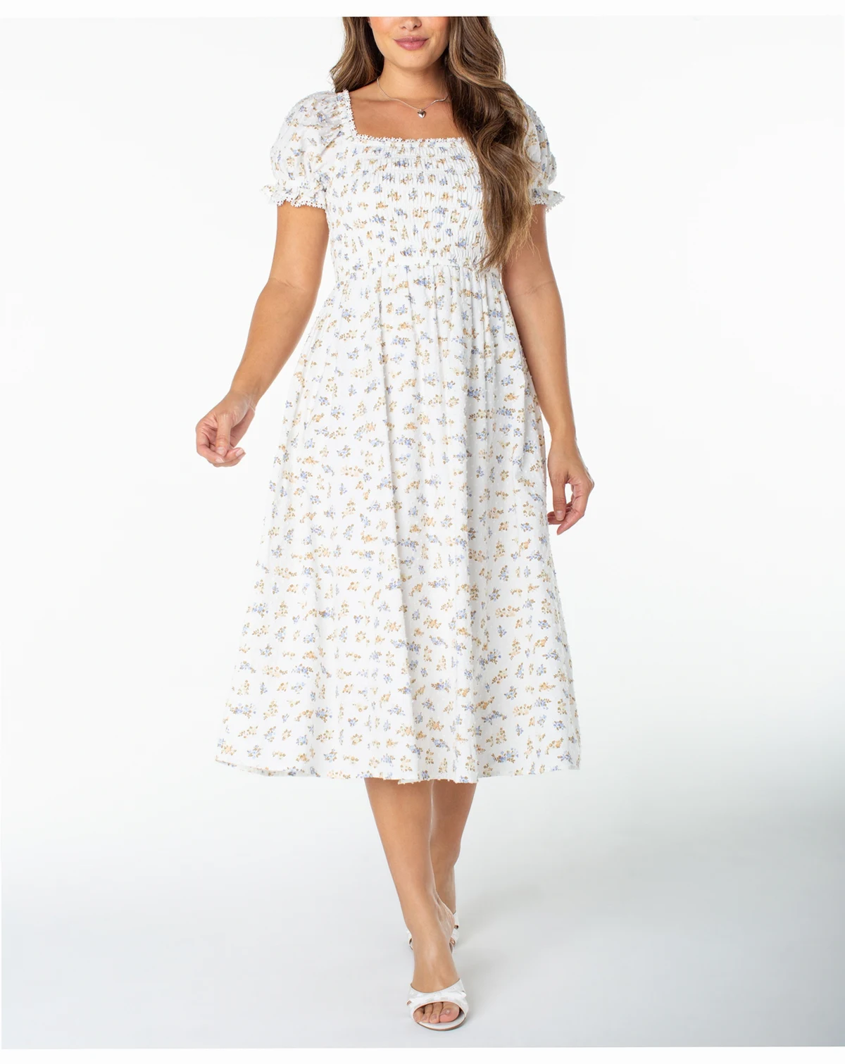 Juniors' Textured Floral Printed Puff-Sleeve Midi Dress