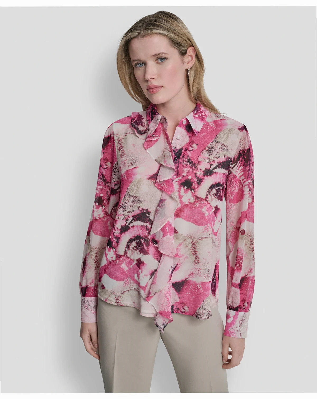 Women's Collared Long-Sleeve Ruffle Detail Shirt