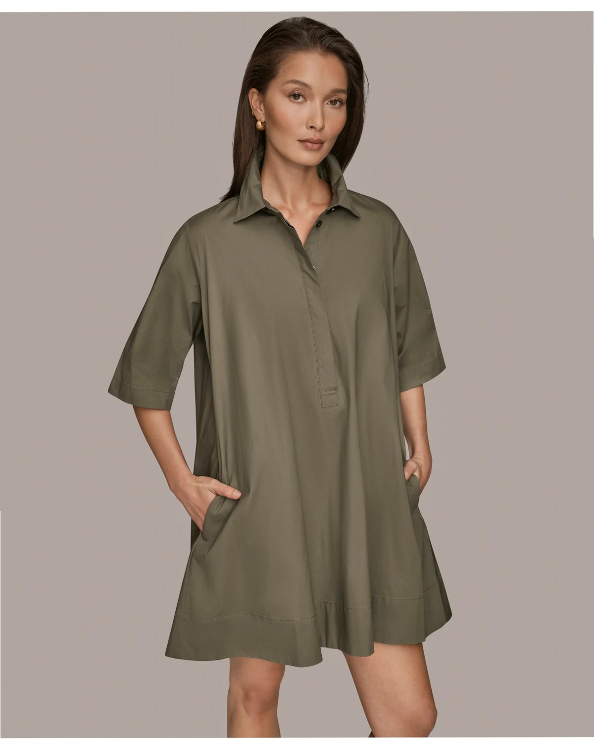 Women's Stretch Poplin Elbow-Sleeve Hidden Placket Dress