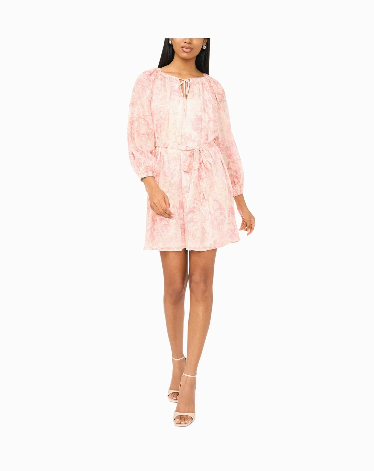 Petite Printed Long-Sleeve Round Neck Dress