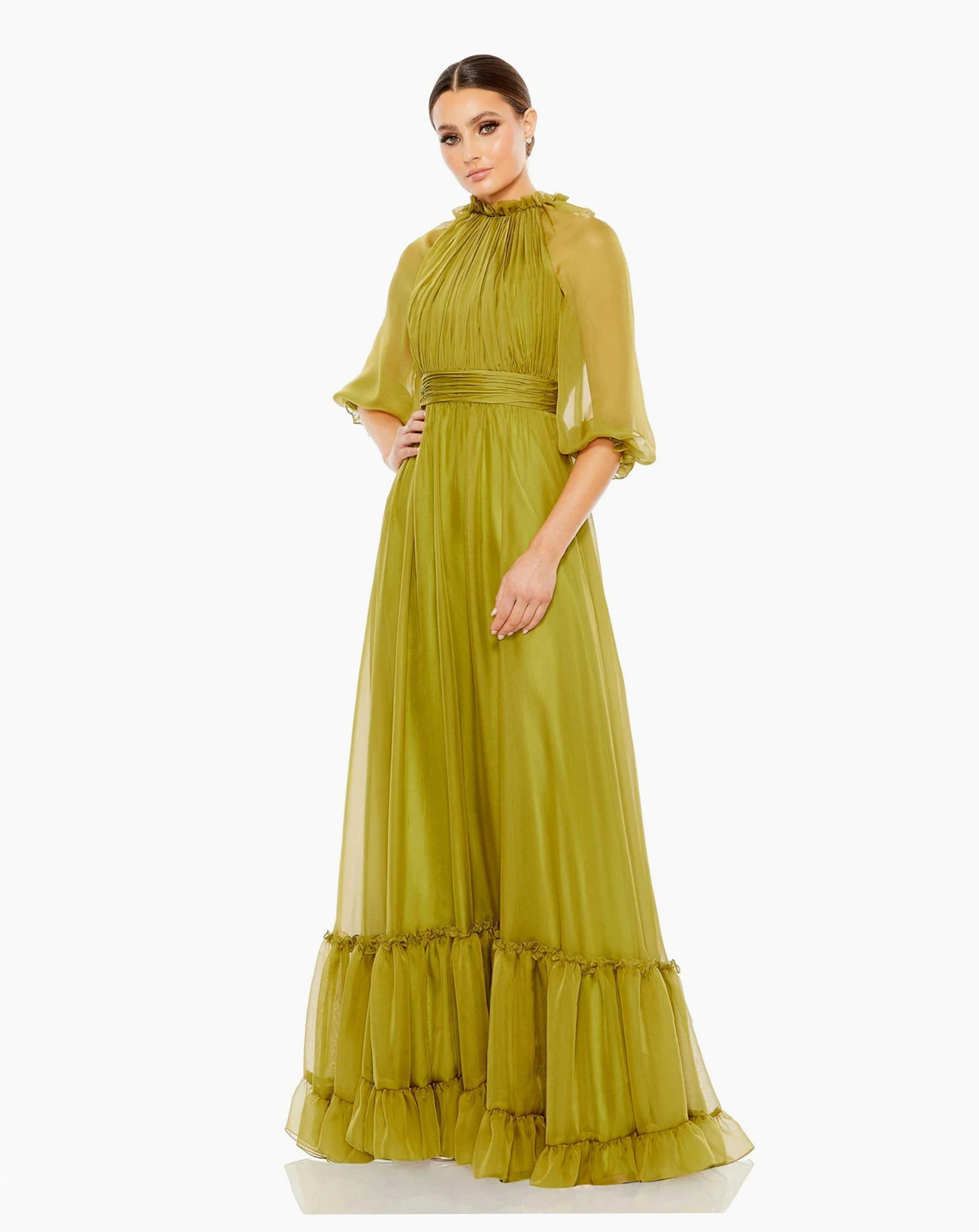 Women's Chiffon Ruched Illusion Raglan Sleeve Ruffled Gown