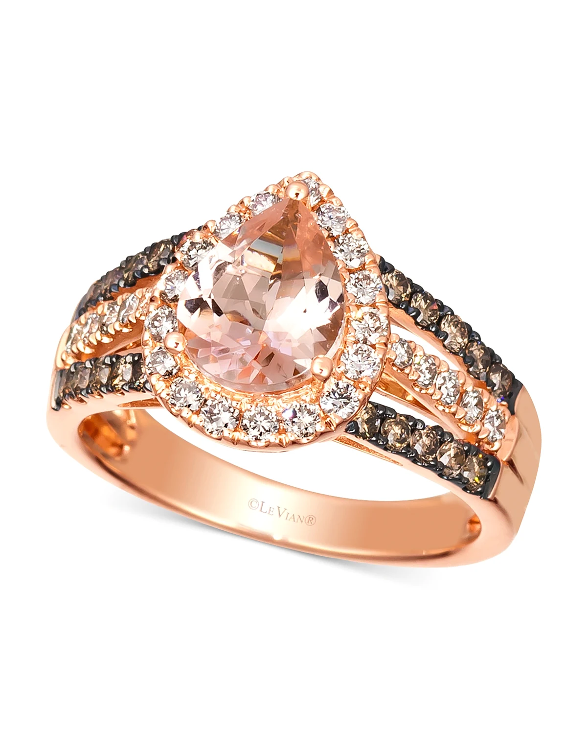Peach Morganite (1-1/10 ct. t.w.) & Diamond (3/4 ct. t.w.) Pear Halo Ring in 14k Rose Gold (Also Available in 14K White Gold or 14k Yellow Gold)