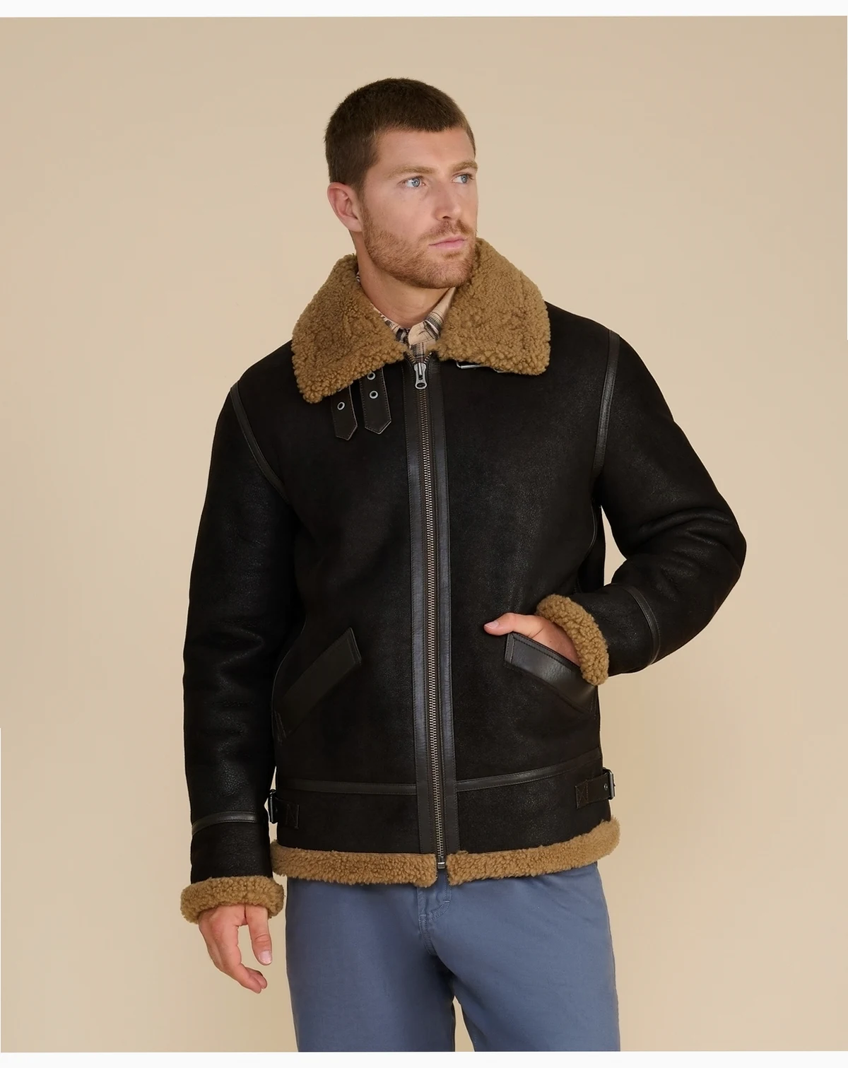 Men's Shearling Aviator Jacket, Curly Wool