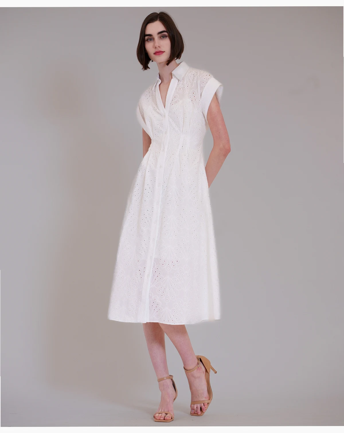 Women's Short-Sleeve V-Neck Eyelet Midi Shirt Dress