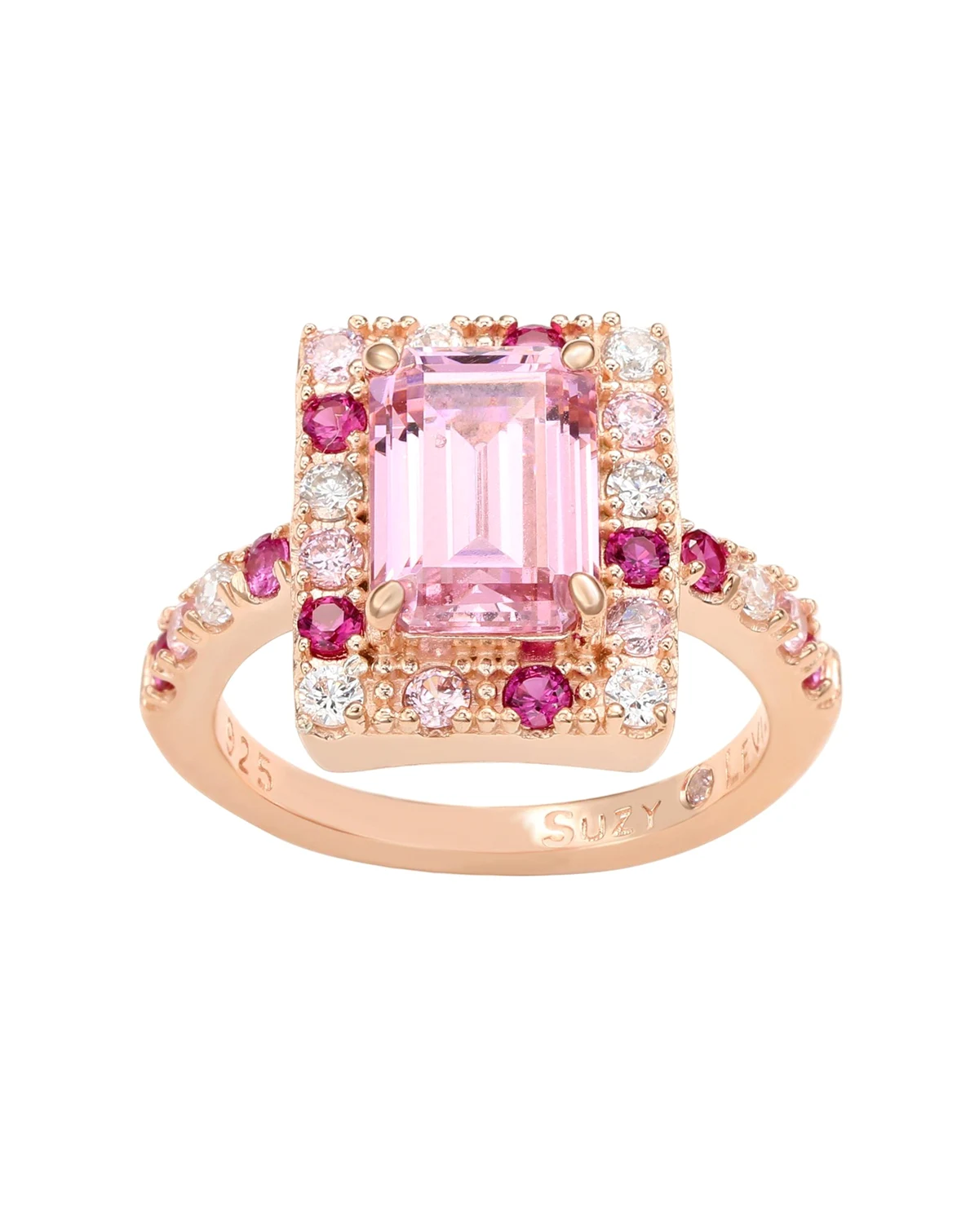 Suzy Levian Rose Sterling Silver Emerald Cut Pink Cubic Zirconia Ring